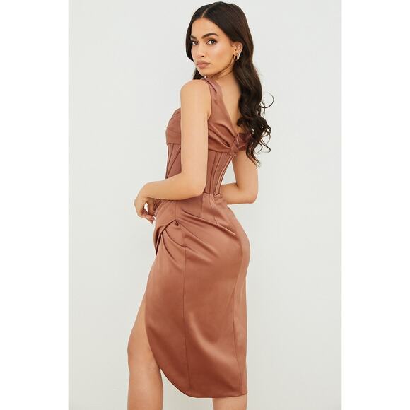 House of CB Lulu Toffee Asymmetric Drape Midi Corset Dress Size L+ Large Plus - Picture 4 of 10